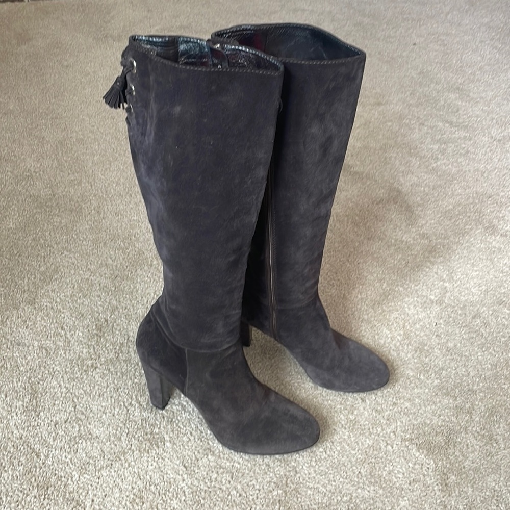 Car Shoe Heeled Knee-High Boots Brown Suede